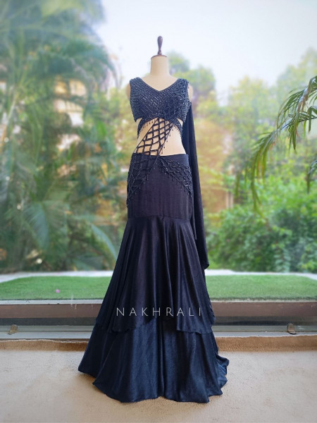 Shadow Fish-Cut Dark Navy Blue  Shimmer Metallic Georgette Silk Indo-Western Lehenga
