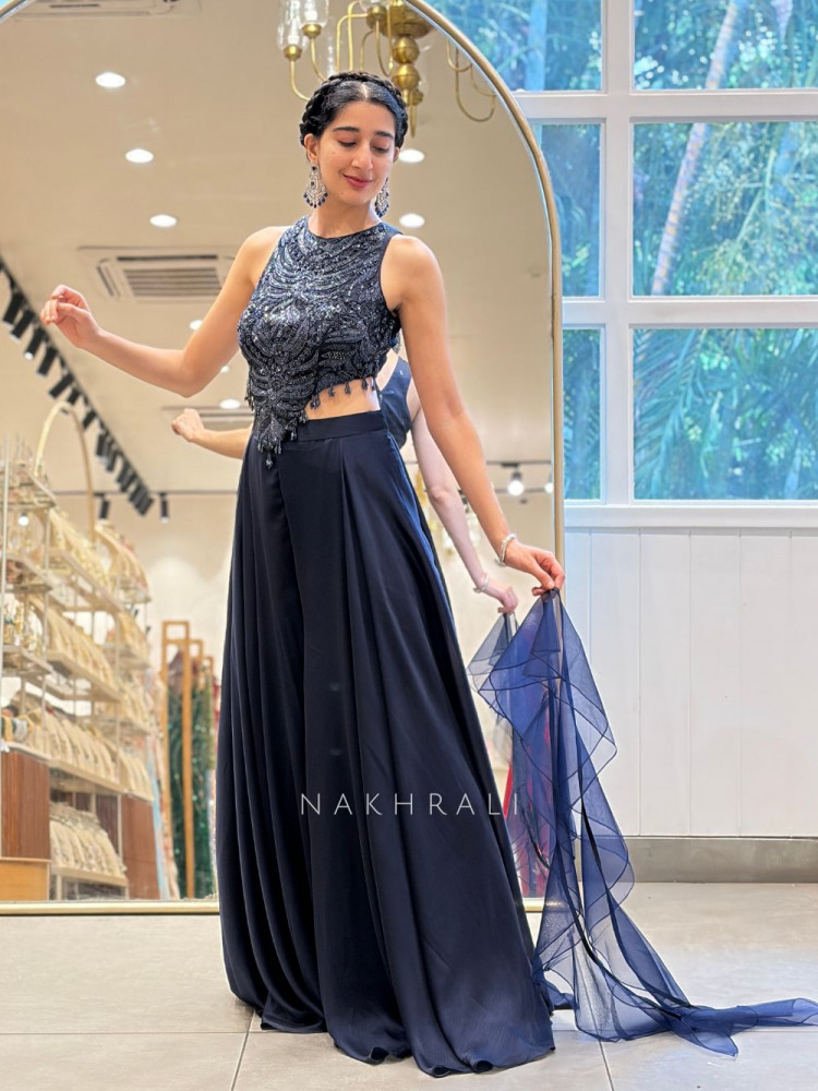 Image of Sapphire Blue Net Indo Western Palazzo Lehenga Set with Zardozi Cutdana Work