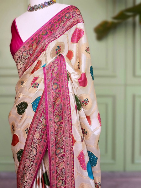 Tarang-Rang Cream Banarasi Silk Saree Patola Zari Weaving