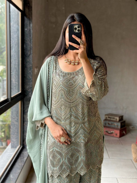 Nayra Sea Green Suit Set with Cut Dana & Bead Work