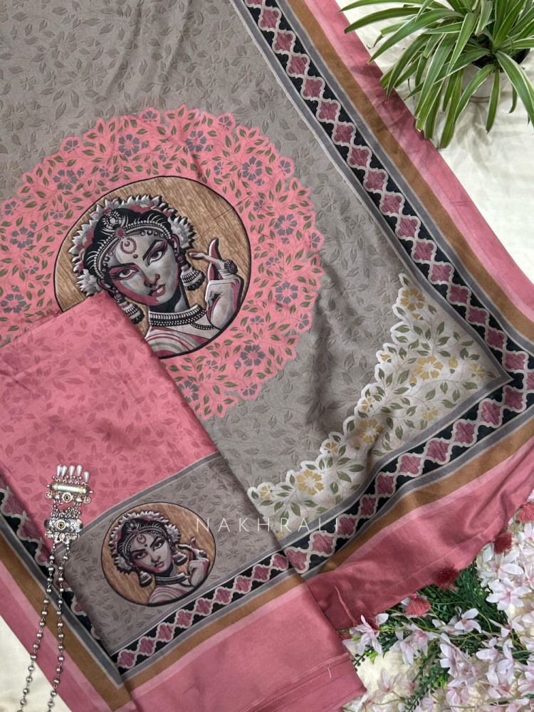 Image of Chitramaya Onion Pink Pink Modal Silk Kalamkari Dress Material