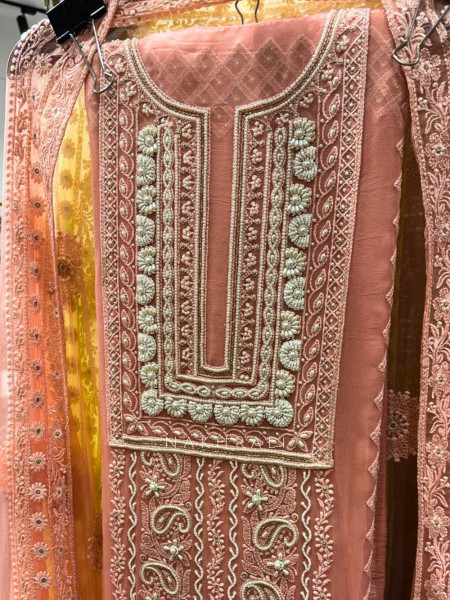 Avarna Peach Pearl Beads Embroidered Dress Material