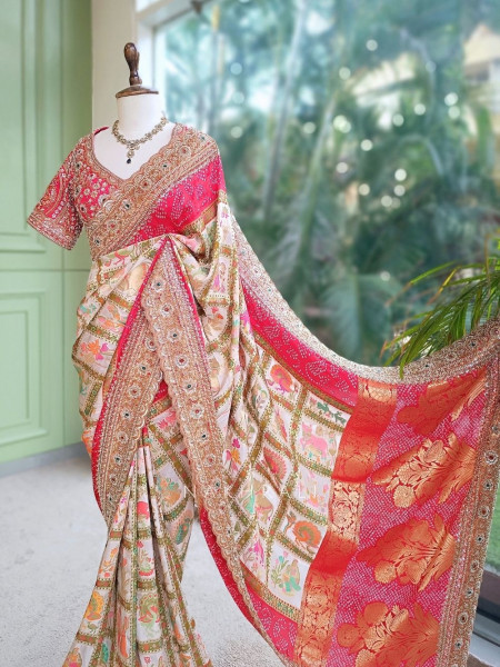 Vasantha Patola Fusion Red Saree with Readymade Blouse