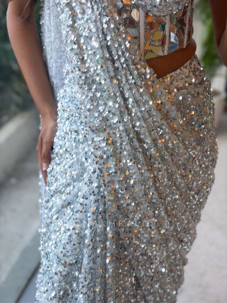 Mirror-Encrusted White Cocktail Drape Saree