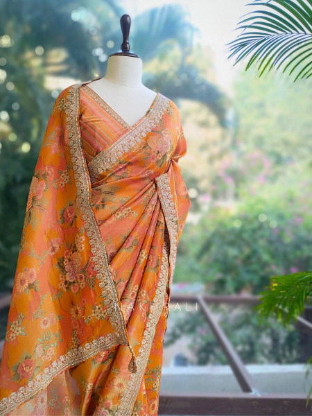 Ishaya Orange Floral Saree with Embellished Border