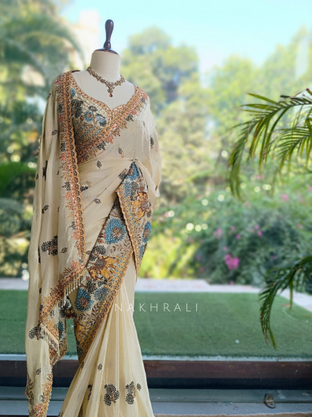Shikargarh Cream Satin Crepe Designer Saree with Readymade Blouse