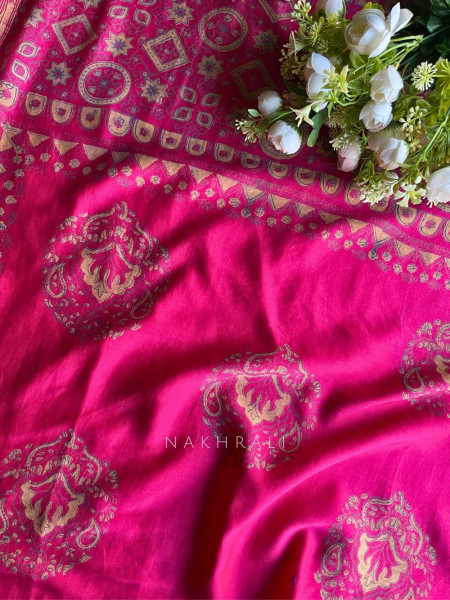 Rivana Magenta Printed Dress Material with Handcrafted Motif Work