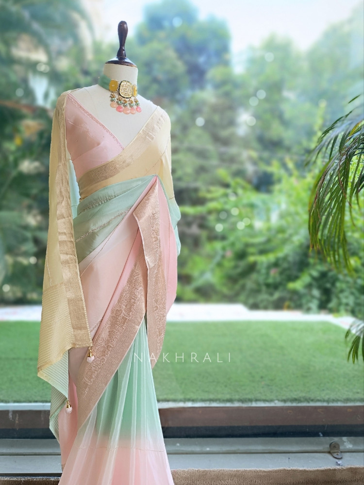 Image of Mridurekha Pastel Pink Chinnon Saree with Running Blouse