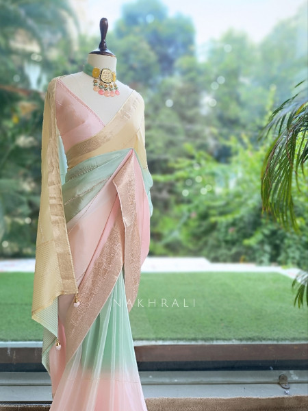 Mridurekha Pastel Pink Chinnon Saree with Running Blouse