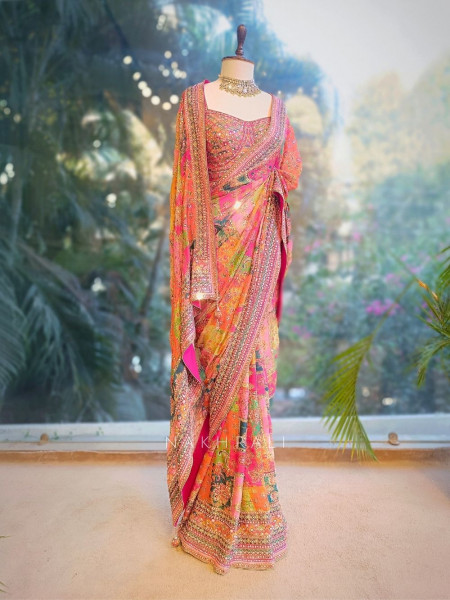 Tamaswini Orange Crepe Saree with Stone, Zari & Sequin Work