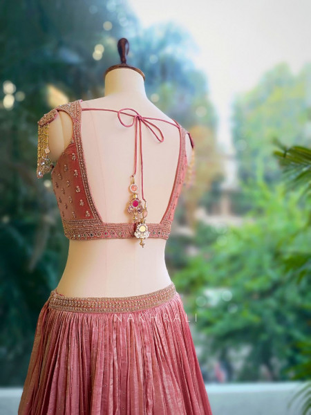 Elysia Peach Tissue Silk Lehenga Set with Embroidered Detailing