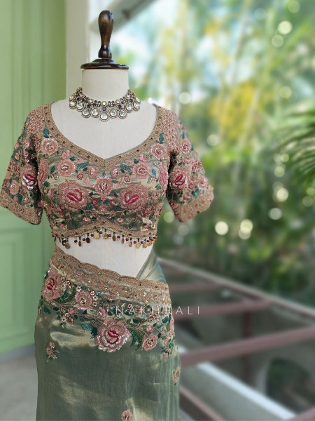 Siya Pista Green Floral Embroidered Saree with Readymade Blouse
