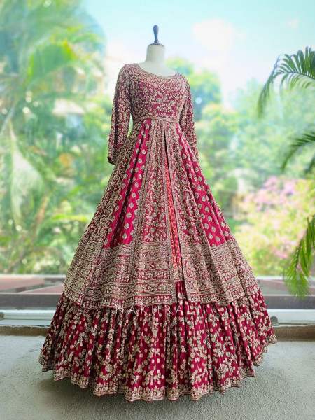 Malhaar Elegance Red Achkan Pattern Lehenga with Zari Sequin Work