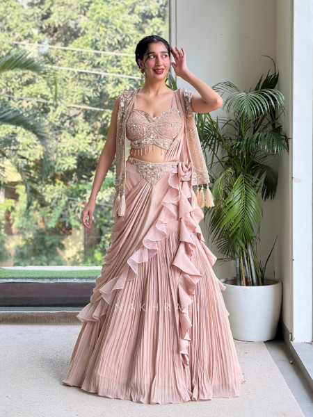 Fiorenne Pink Georgette Indo-Western Lehenga Set with Embellished Crop Jacket