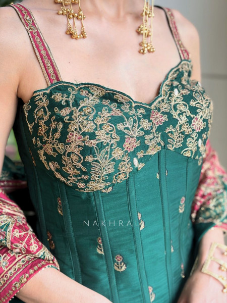 Nirel Green Corset Lehenga with Embroidery and Sequin Work