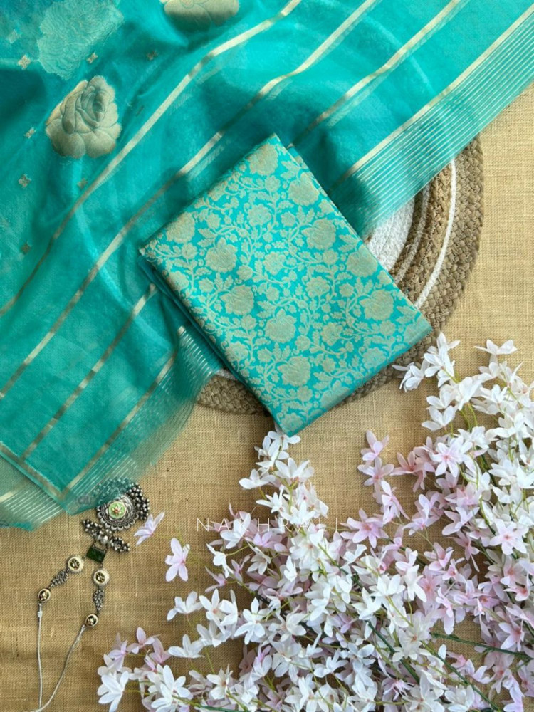 Image of Reshmi Maheshwari Firozi Dress Material with Zari Stripe Dupatta
