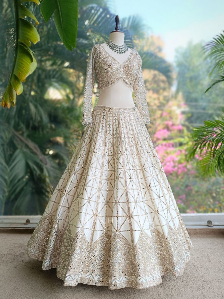 Rihanta White Lehenga with Mirror and Bead Work