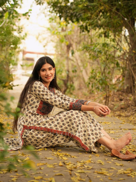 Yasmin Beige Cotton Kurta with Sequin Patch Work