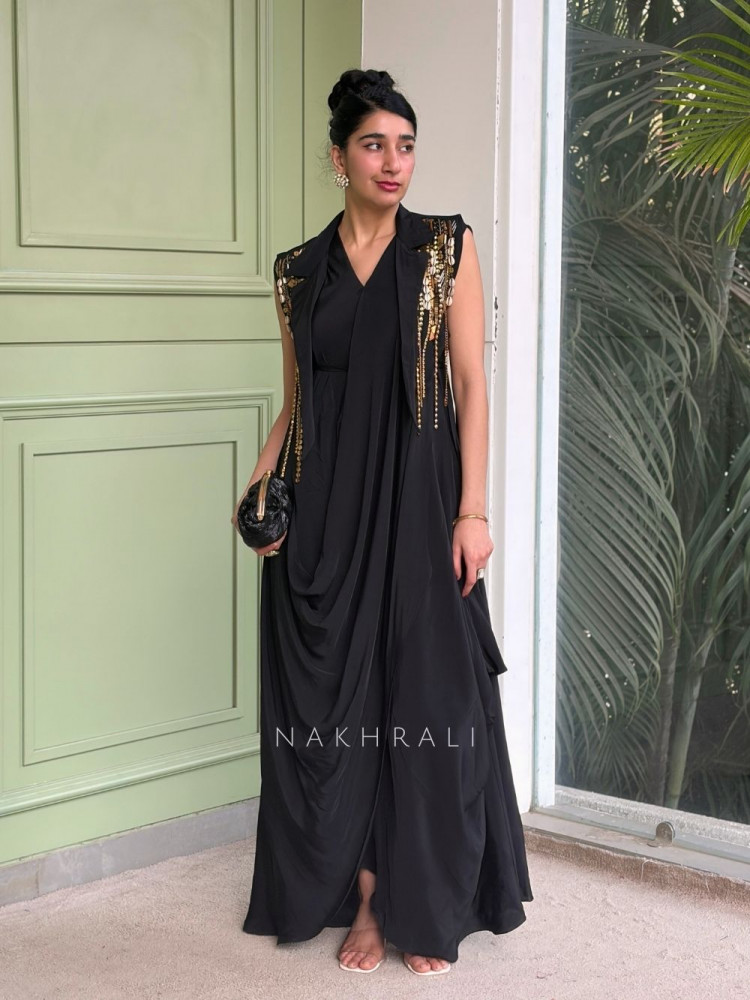 Image of Zyren Black Draped Dress with Jacket-Style Embellished Front