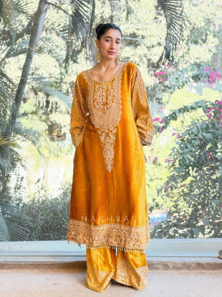 Amber Yellow Velvet Suit Set with Sequin Embellishments