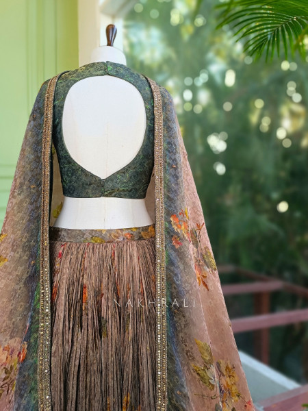 Olive Garden Printed Lehenga with Embroidered Blouse and Sequin Detailing