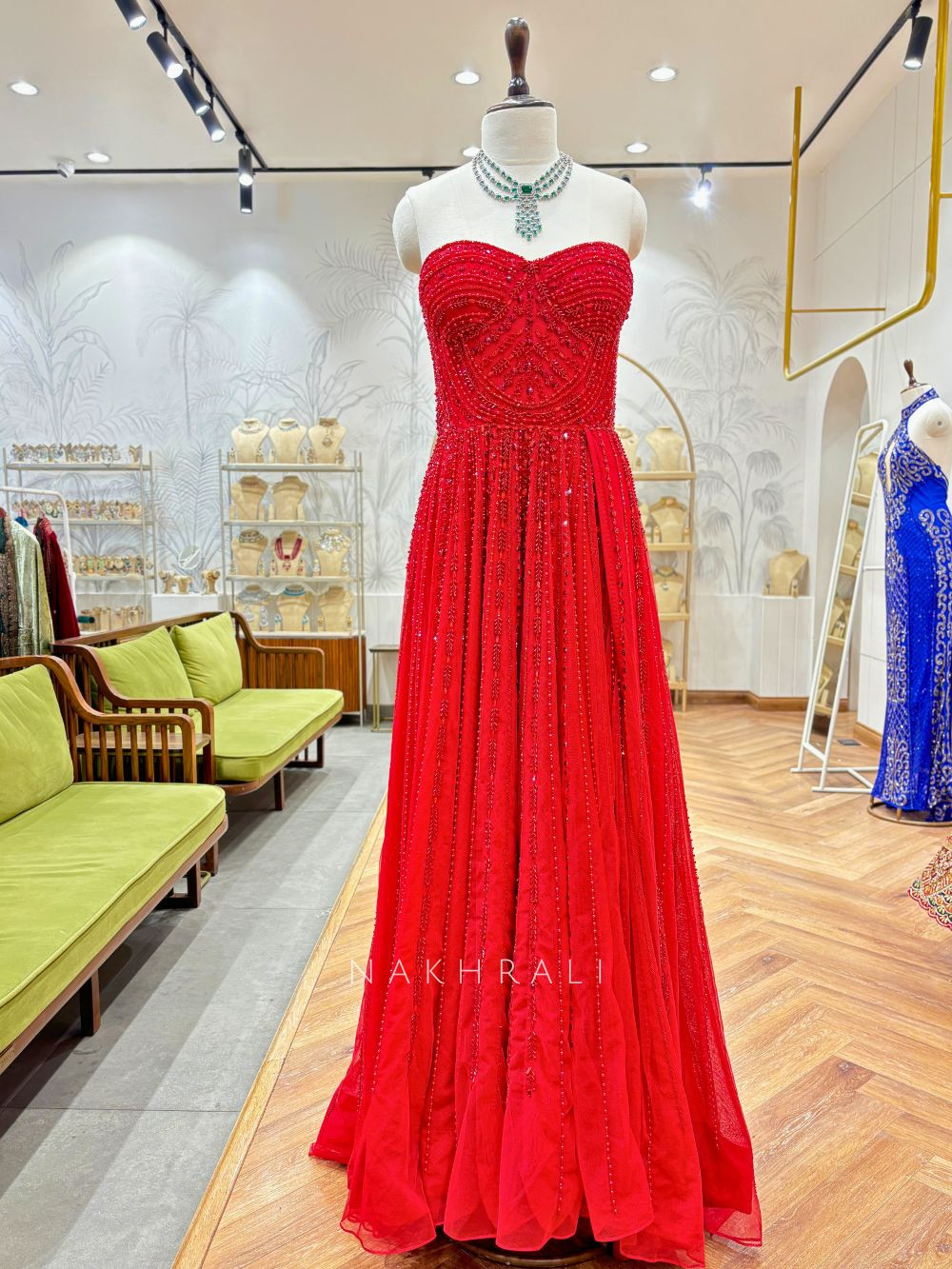 Crimson Red Gown with Cut Dana and Beadwork Crimson Red Gown with Cut Dana and Beadwork