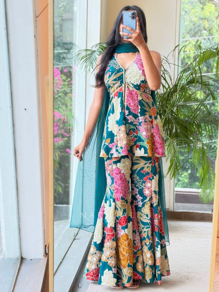 Firdaus Halter Teal Blue Indo Western Palazzo Suit Set With Floral Embroidery