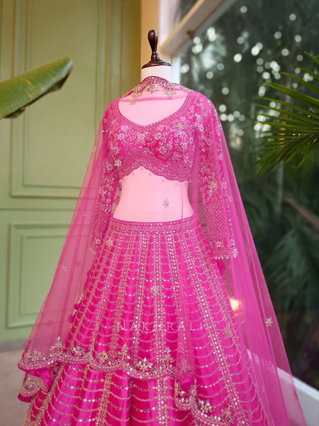 Ravya Pink Mirror and Beads Work Lehenga Set