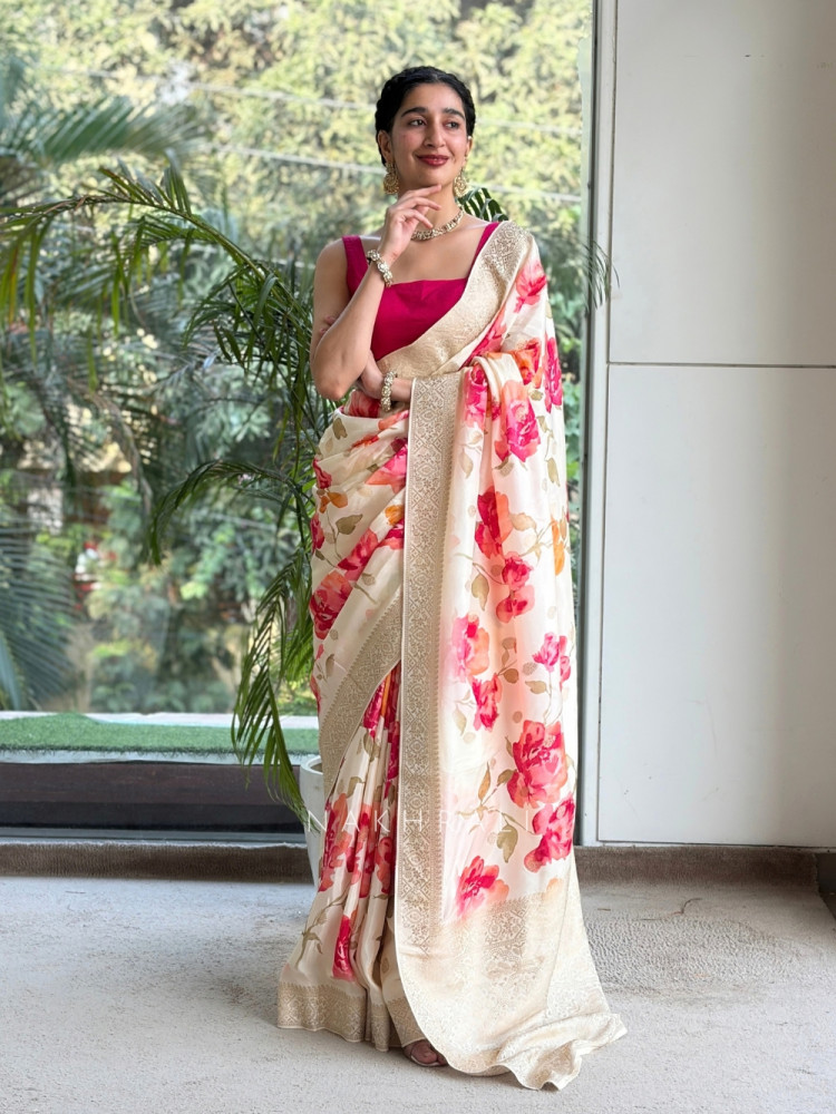 Image of Rose-Vance Cream Georgette &amp; Banarasi Silk Saree