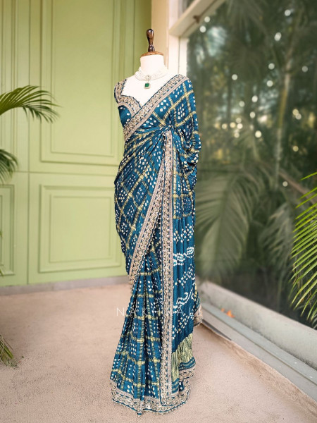 Noor-E-Riwaayat Blue Bandhani Saree with Zari Border