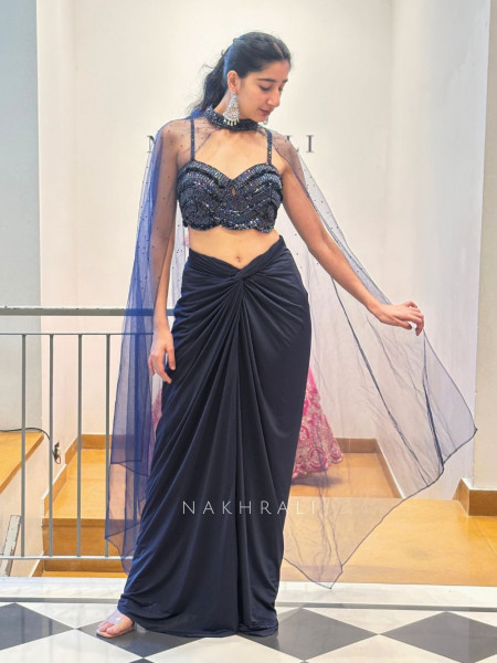 Midnight Spark Navy Crop Top Skirt Set with Cape