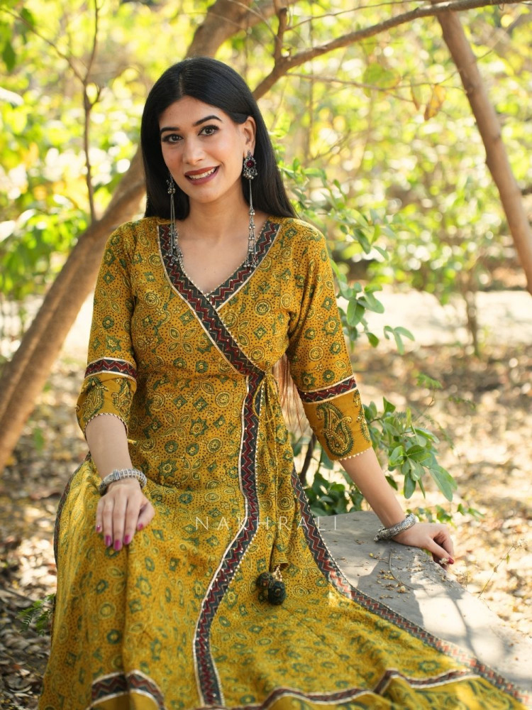 Image of Umrao Mustard Angrakha Cotton Kurta