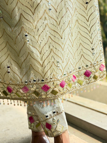 Sivra Cream Pant Kurta Set with Mirror and Thread Work