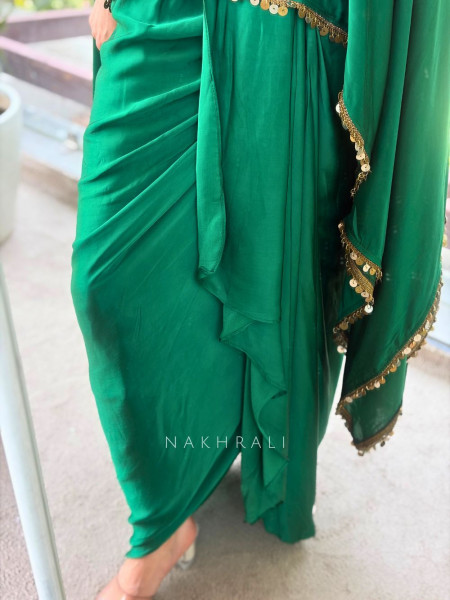 Zivara Green Drape Indo Western Set with Mirror and Sequin Work