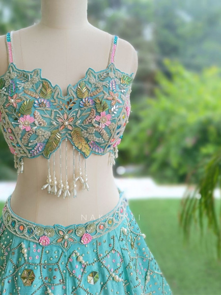 Ishvika Sky Blue Slub Silk & Tulle Carnival Lehenga Set