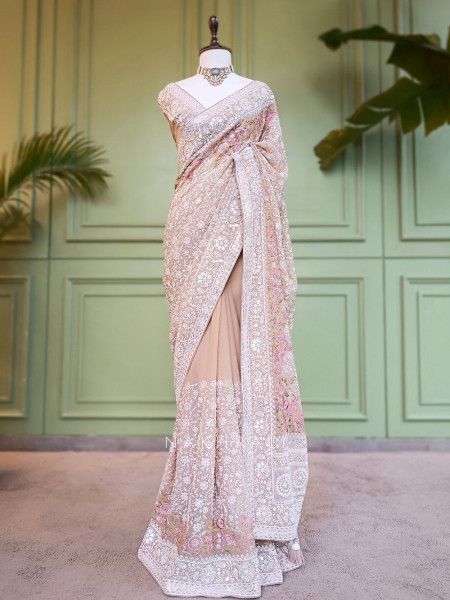 Ecru Grace Brown Embroidered Elegance Saree with Sequin Detailing