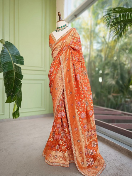 Anant Bindu Orange Bandhani Print Saree with Sequin Border