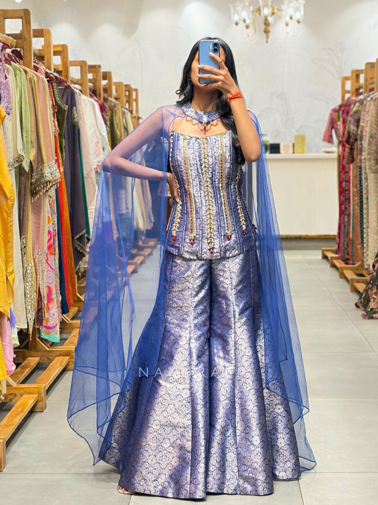 Image of Zarelle Blue Brocade Indo-Western Corset Set with Cape Dupatta
