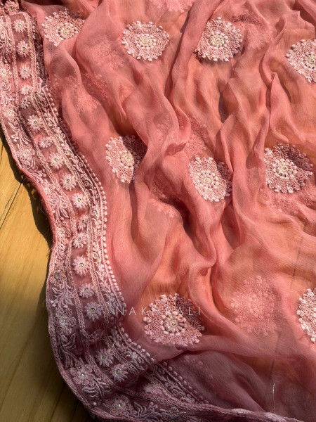 Avarna Peach Pearl Beads Embroidered Dress Material