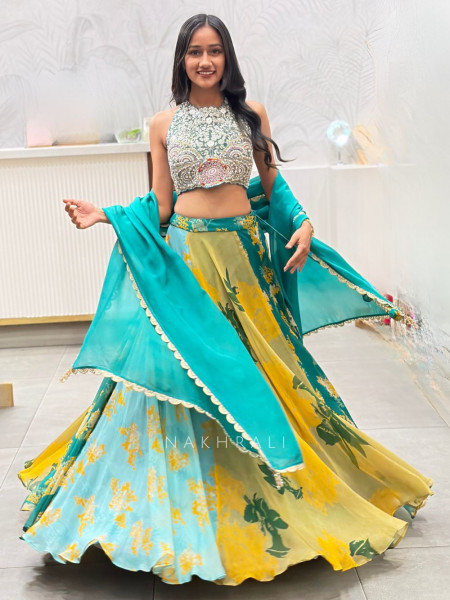 Harit Multicolour Indo Western Lehenga Set with Embroidered Blouse & Printed Skirt