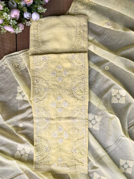 Mridula Yellow Dress Material with Hand Cut Dana Detailing