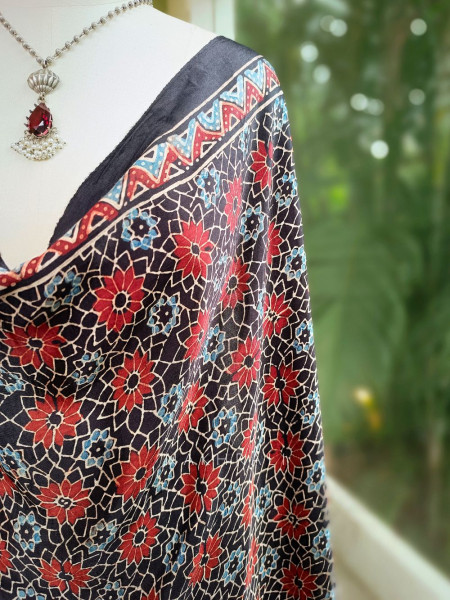 Navera Black Modal Silk Dupatta with Ajrakh Print
