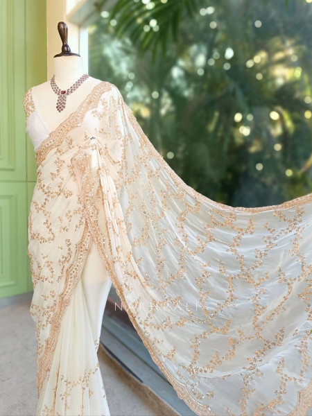 Rimsun Cream Sequin & Bead Embellished Saree