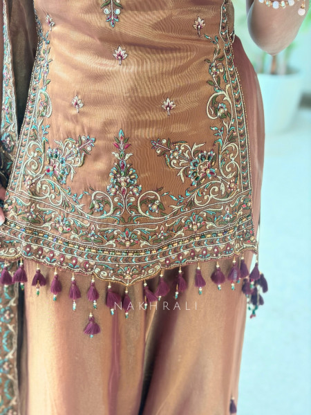 Autumn Dusk Brown Metallic Tissue Silk Kurti Palazzo Set