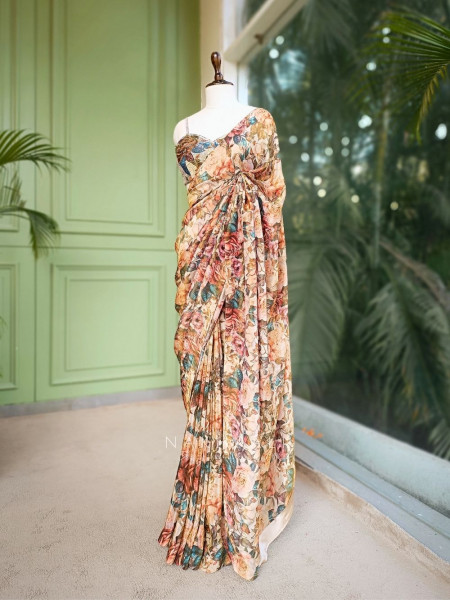 Botanic Luxe Brown Saree with Readymade Blouse