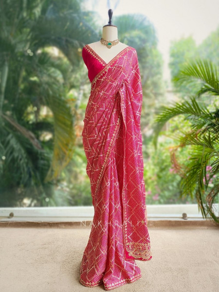 Aarvika Red Bandhani Saree with Gota and Zari Border