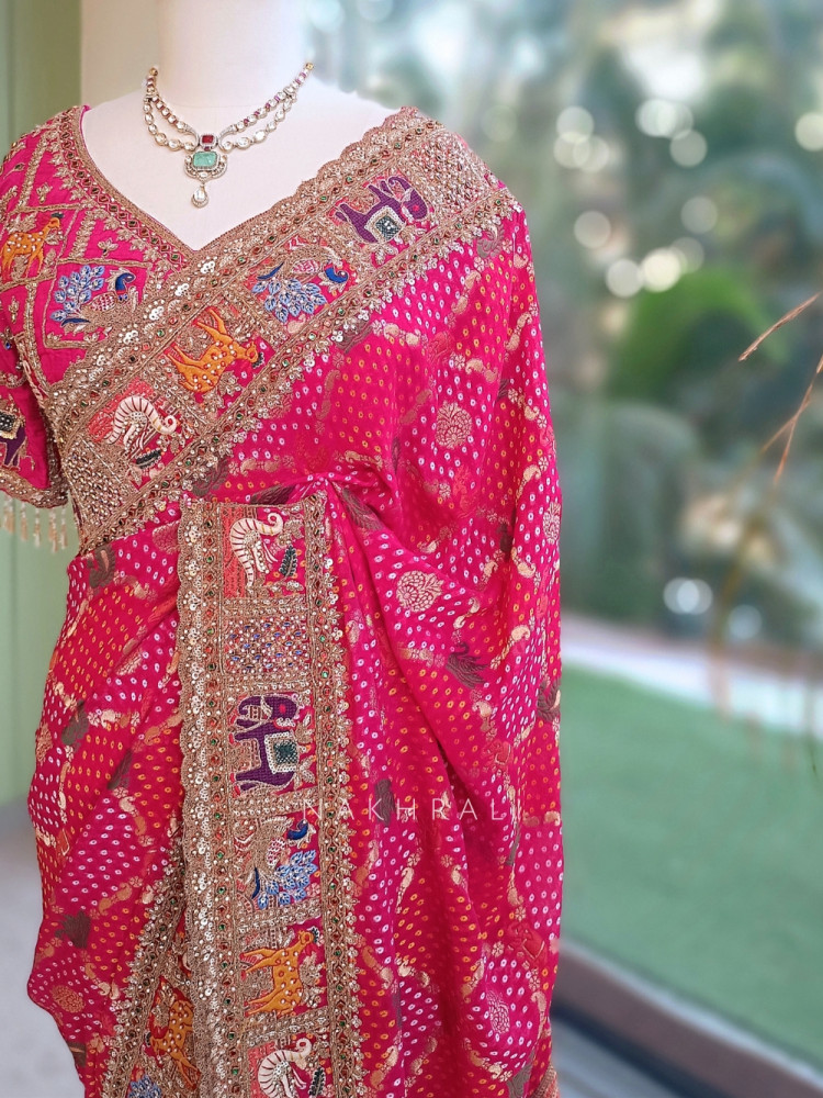 Image of Dastaan Magenta Gaji Silk Saree with Readymade Blouse
