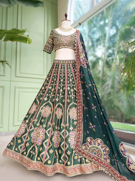 Mrinalika Green Gaji Silk Lehenga Set With Zardozi Resham & Jharokha Work