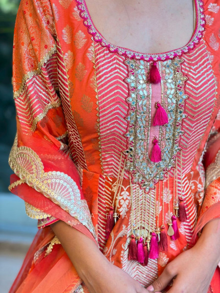 Leela Orange Anarkali Suit Set with Gota & Mirror Work