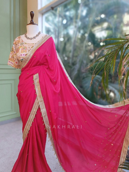 Rati Magenta Saree with Gota Patti Border & Multicolor Embroidered Readymade Blouse